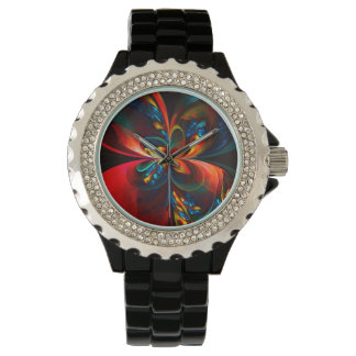 Moderne Abstrakte Blumenkunst Orange Blaues Muster Armbanduhr