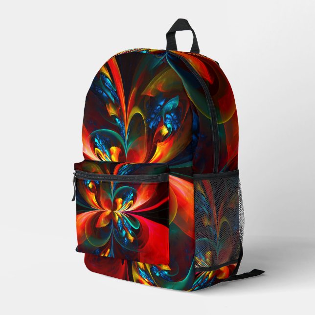 Moderne Abstrakte Blumenkunst Orange Blaues Muster Bedruckter Rucksack (Rückseitige Ecke Rechts)