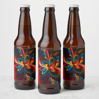 Moderne Abstrakte Blumenkunst Orange Blaues Muster Bierflaschenetikett