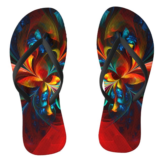 Moderne Abstrakte Blumenkunst Orange Blaues Muster Flip Flops (Fußbett)