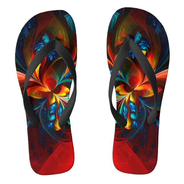 Moderne Abstrakte Blumenkunst Orange Blaues Muster Flip Flops (Fußbett)