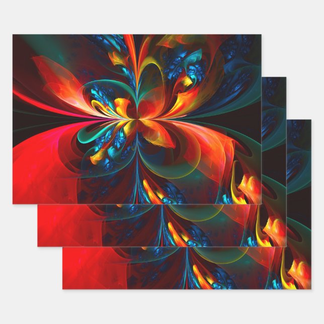 Moderne Abstrakte Blumenkunst Orange Blaues Muster Geschenkpapier Set (Set)