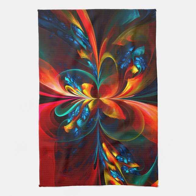 Moderne Abstrakte Blumenkunst Orange Blaues Muster Geschirrtuch (Vertikal)