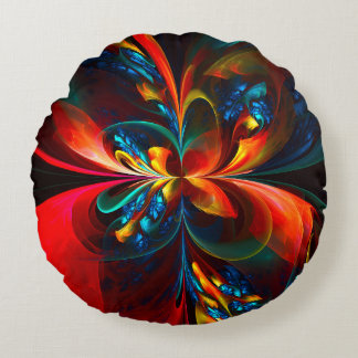 Moderne Abstrakte Blumenkunst Orange Blaues Muster Rundes Kissen