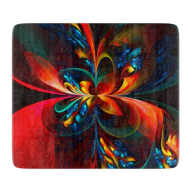 Moderne Abstrakte Blumenkunst Orange Blaues Muster Schneidebrett (Vorderseite)