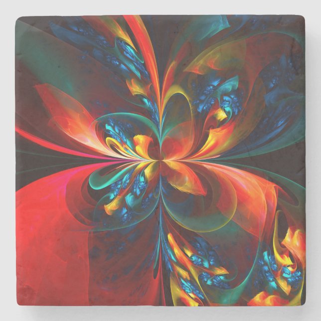 Moderne Abstrakte Blumenkunst Orange Blaues Muster Steinuntersetzer (Vorderseite)