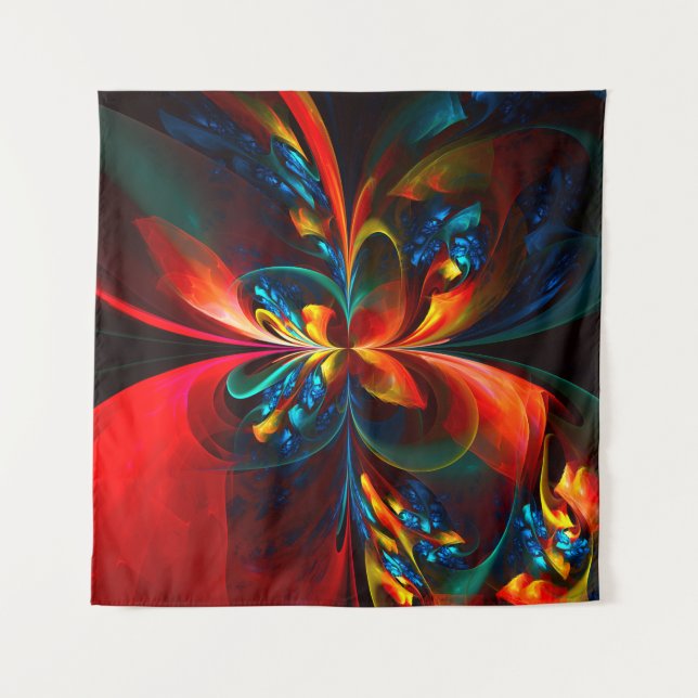 Moderne Abstrakte Blumenkunst Orange Blaues Muster Wandteppich (Vorderseite)