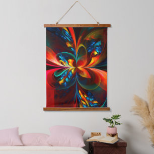 Moderne Abstrakte Blumenkunst Orange Blaues Muster Wandteppich Mit Holzrahmen