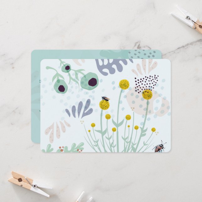 Moderne abstrakte botanische gelbe Billy-Button Einladung (Vorderseite/Rückseite Beispiel)