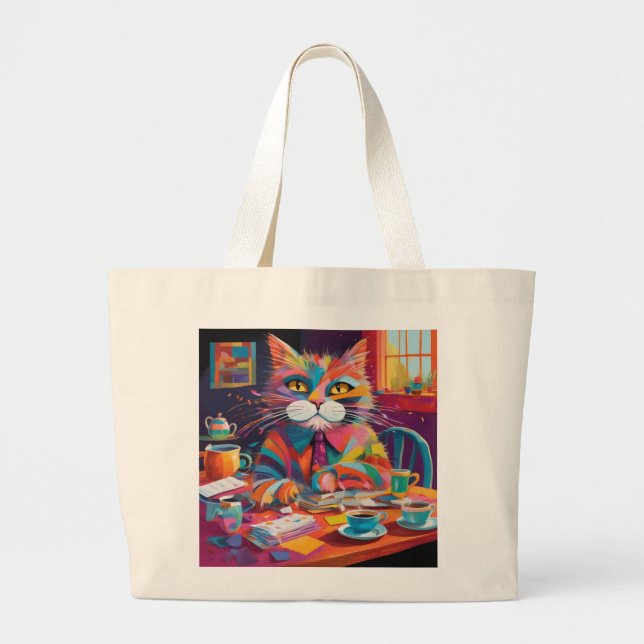 Moderne Abstrakte Cat Genießen Coffee Jumbo Tasche (Vorne)