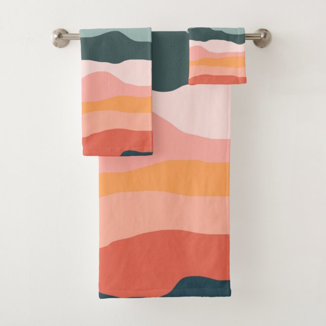Moderne Abstrakte, farbenfrohe Wavy Stripe neutral Badhandtuch Set (Insitu)
