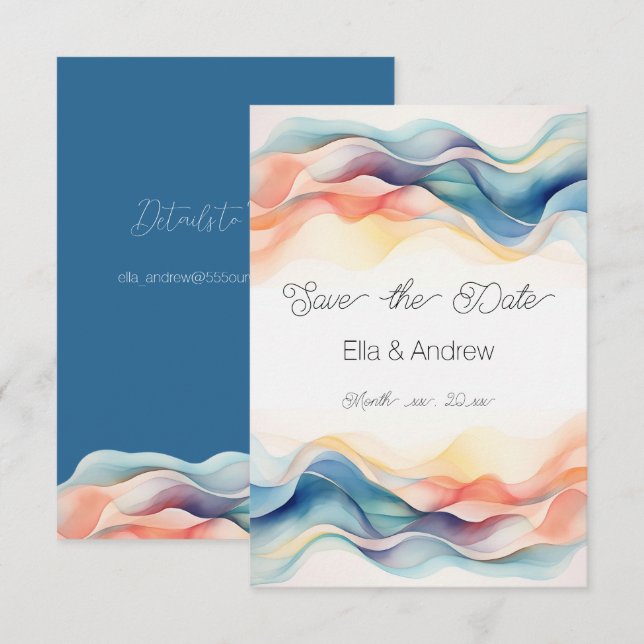 Moderne Abstrakte Farbwelle Blaue Hochzeit Save The Date (Vorne/Hinten)