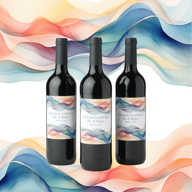 Moderne Abstrakte Farbwelle Blaue Hochzeit Weinetikett (Modern Abstract Color Wave Blue Wedding Wine Label)