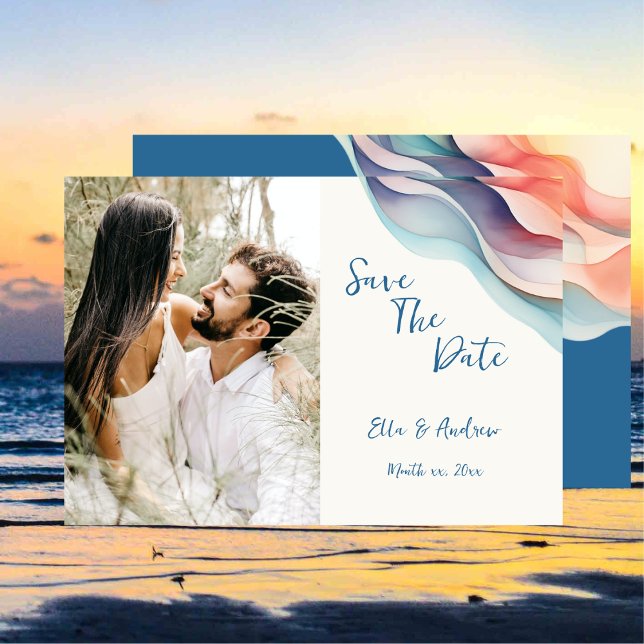 Moderne Abstrakte Farbwelle, Foto Save The Date (Modern Abstract Color Wave Photo Wedding Save The Date Card)