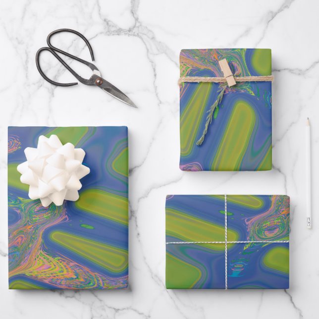 Moderne Abstrakte flüssige Pour Art Blue Green Geschenkpapier Set (Vorderseite)