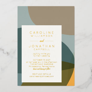 Moderne abstrakte Form Teal Taupe Chic Hochzeit Go Folieneinladung