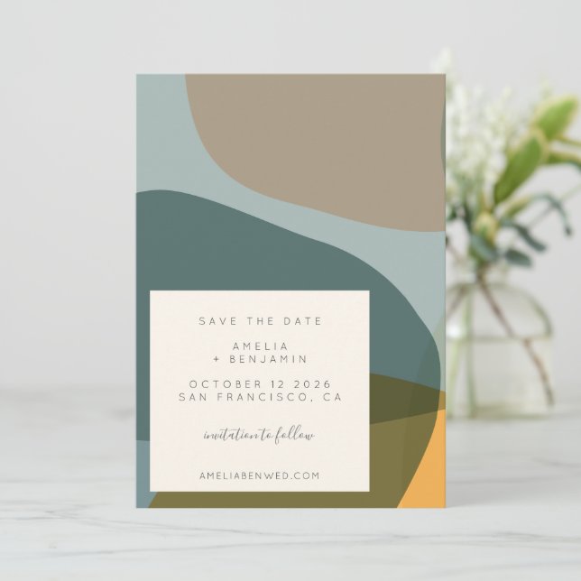 Moderne Abstrakte Formen Aquamarin Taupe Save The Date (Stehend Vorderseite)