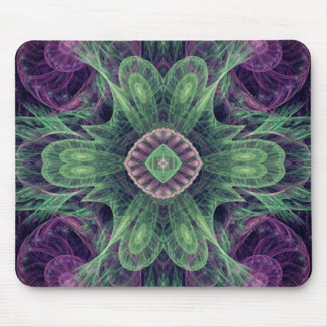 Moderne abstrakte fraktale violette und grüne Gest Mousepad (Vorne)