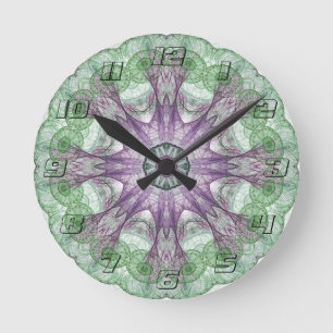 Moderne abstrakte fraktale violette und grüne Gest Runde Wanduhr