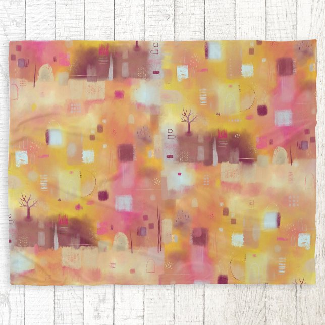 Moderne Abstrakte Gelbe Farbe Kunst Fleecedecke (Yellow and pink abstract landscape painting art fleece blanket)