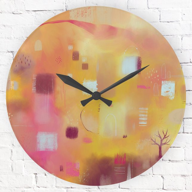 Moderne Abstrakte Gelbfärbung Runde Wanduhr (Modern abstract yellow and pink art clock)