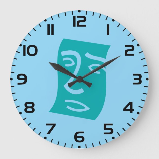 Moderne abstrakte Gesichtslinienkunst Teal Große Wanduhr (Vorderseite)