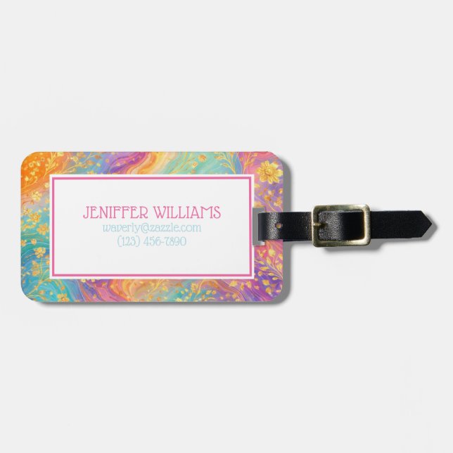 Moderne abstrakte Glitter-Blumen-Monogramm-Design  Gepäckanhänger (Vorderseite horizontal)