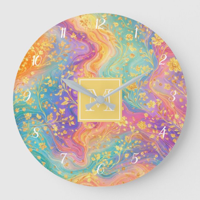 Moderne abstrakte Glitter-Blumen-Monogramm-Design  Große Wanduhr (Vorderseite)