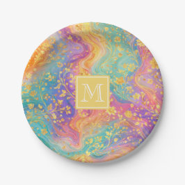 Moderne abstrakte Glitter-Blumen-Monogramm-Design  Pappteller