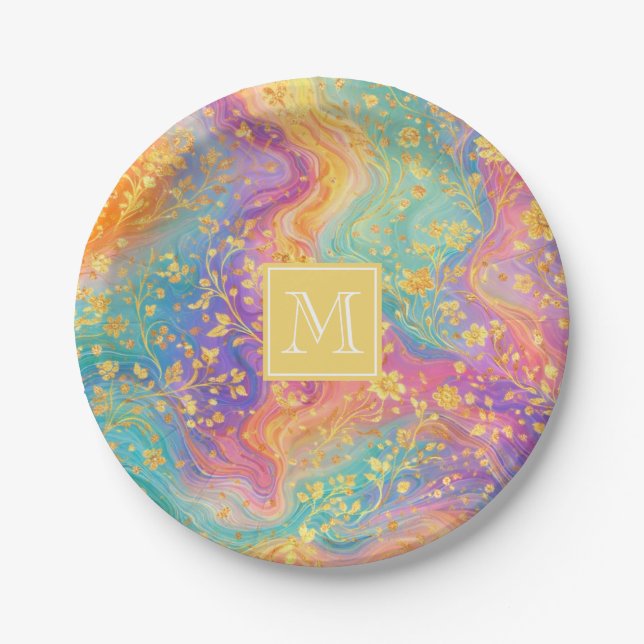 Moderne abstrakte Glitter-Blumen-Monogramm-Design  Pappteller (Vorderseite)