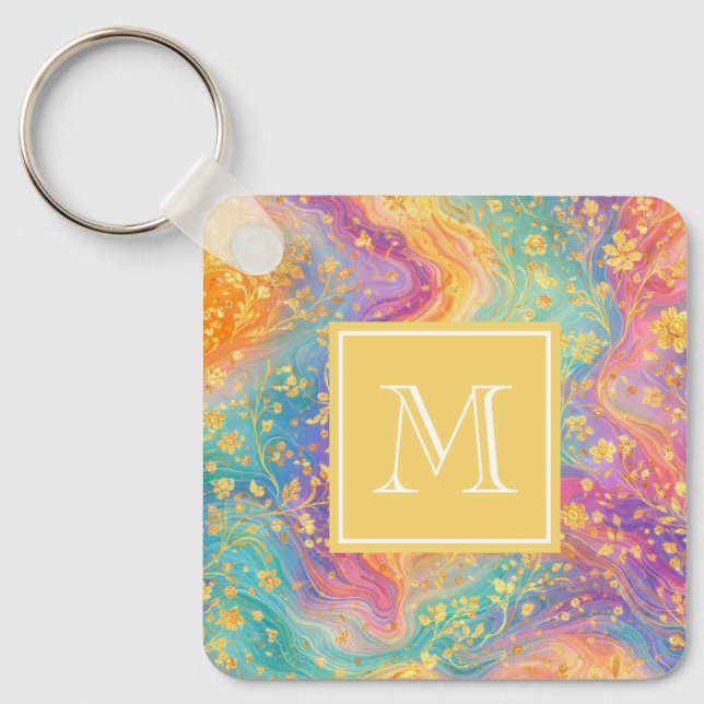 Moderne abstrakte Glitter-Blumen-Monogramm-Design  Schlüsselanhänger (Vorderseite)