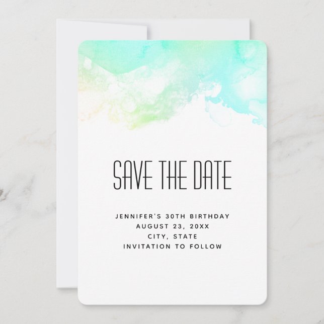 Moderne Abstrakte Green & Blue Watercolor-Wirbel Save The Date (Vorderseite)