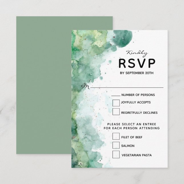 Moderne Abstrakte Green Watercolor Wedding RSVP Ca Karte (Vorne/Hinten)