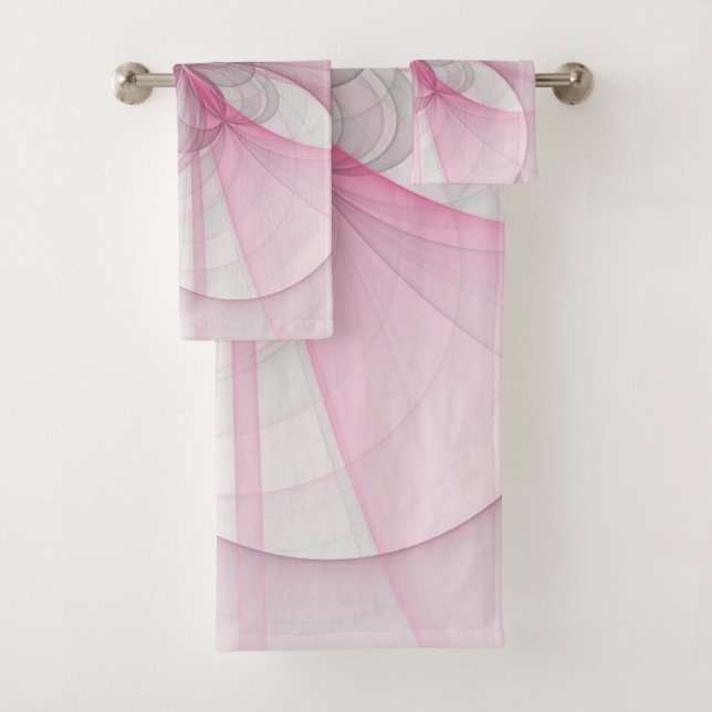 Moderne abstrakte hellrosa graue Fraktal-Design Badhandtuch Set (Insitu)