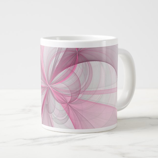 Moderne abstrakte hellrosa graue Fraktal-Design Jumbo-Tasse (Vorderseite Rechts)