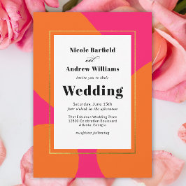Moderne Abstrakte Hochzeit in Heissrosa und Orange Einladung