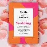 Moderne Abstrakte Hochzeit in Heissrosa und Orange Einladung<br><div class="desc">Set den Ton für eine fabelhafte Hochzeitsfeier mit diesem lebhaften Farbschema aus heiß rosa und orange. Diese farbenfrohe Einladung hat einen Designerlook mit hellorangefarbenen abgerundeten Formen auf einem heißen rosa Hintergrund. Die Textvorlage in zeitgenössisch knusprigen Schriftzeichen mit einem Retro-Ambiente und führt das Thema schön aus. Das Wort "Hochzeit" wird in...</div>