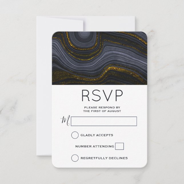 Moderne Abstrakte Hochzeit mit Black and Gold Agat RSVP Karte (Vorderseite)