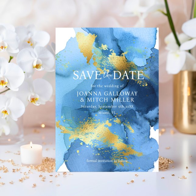 Moderne Abstrakte Hochzeit mit blauem Gold Save The Date (Modern Abstract Navy Blue Gold Watercolor Wedding Save The Date)