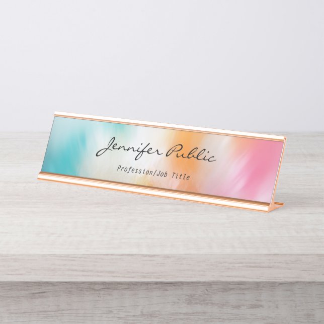 Moderne Abstrakte Kunst Handschrift Rose Gold Schreibtischnamensplakette (Vorderseite )