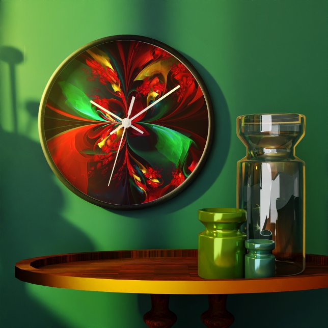 Moderne Abstrakte Kunst Rotes Grün Muster #11 Große Wanduhr (Modern Floral Abstract Art Red Green Pattern #11 Clock)