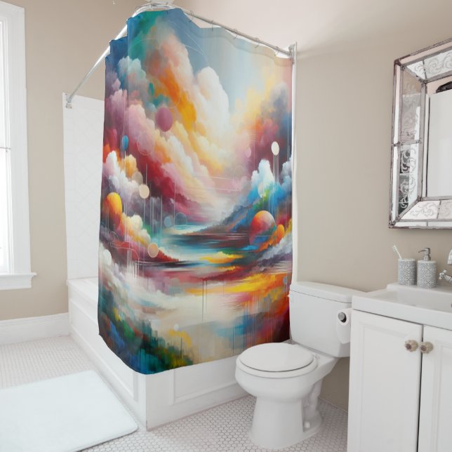 Moderne Abstrakte Kunstlandschaft Rotes Grün Duschvorhang (Beispiel)