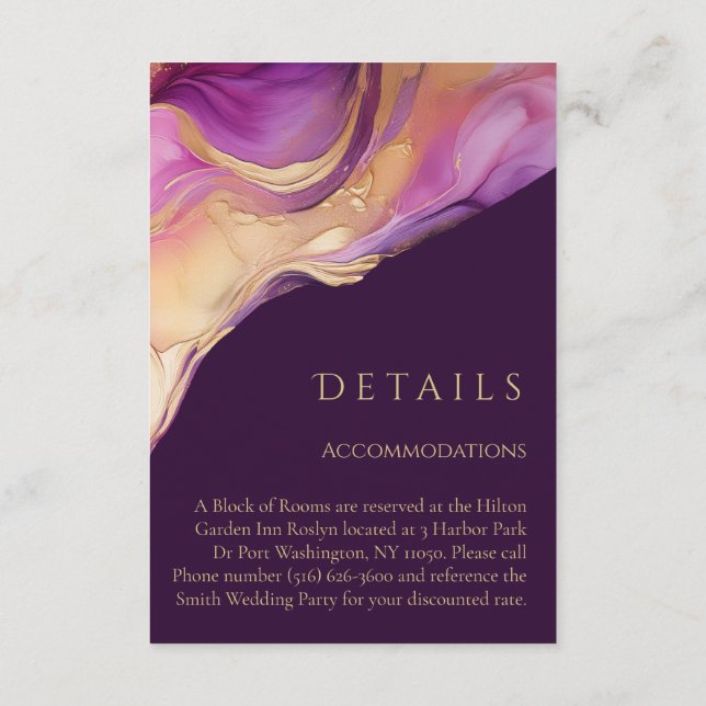 Moderne Abstrakte Lila und goldene Hochzeit Begleitkarte (Rückseite)