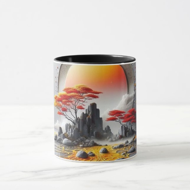 Moderne abstrakte Linienkunst Schwarze Tasse | Min (Zentrum)