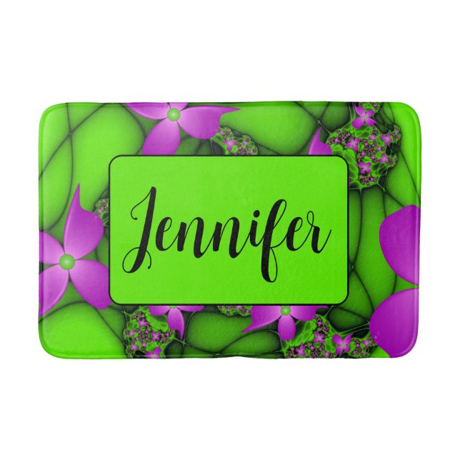 Moderne Abstrakte Neon Pink Green Art Blume Name Badematte (Vorderseite)