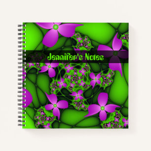 Moderne Abstrakte Neon Pink Green Art Blume Name Notizbuch