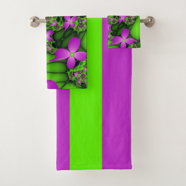 Moderne Abstrakte Neon Pink Green Fraktal Blume Badhandtuch Set (Insitu)