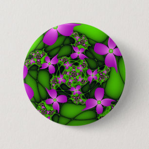 Moderne Abstrakte Neon Pink Green Fraktal Blume Button