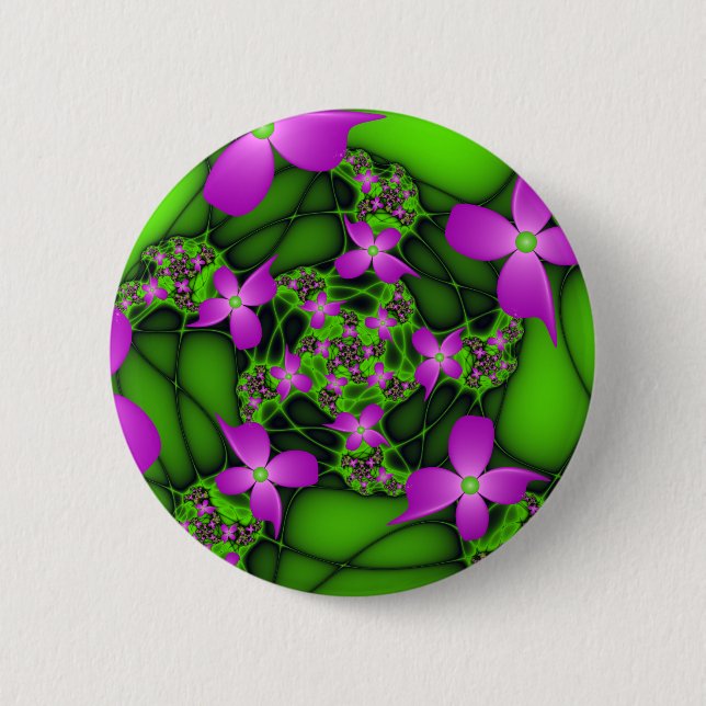 Moderne Abstrakte Neon Pink Green Fraktal Blume Button (Vorderseite)