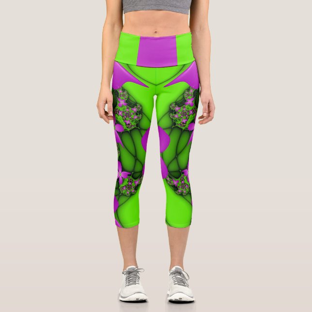 Moderne Abstrakte Neon Pink Green Fraktal Blume Capri Leggings (Vorderseite)